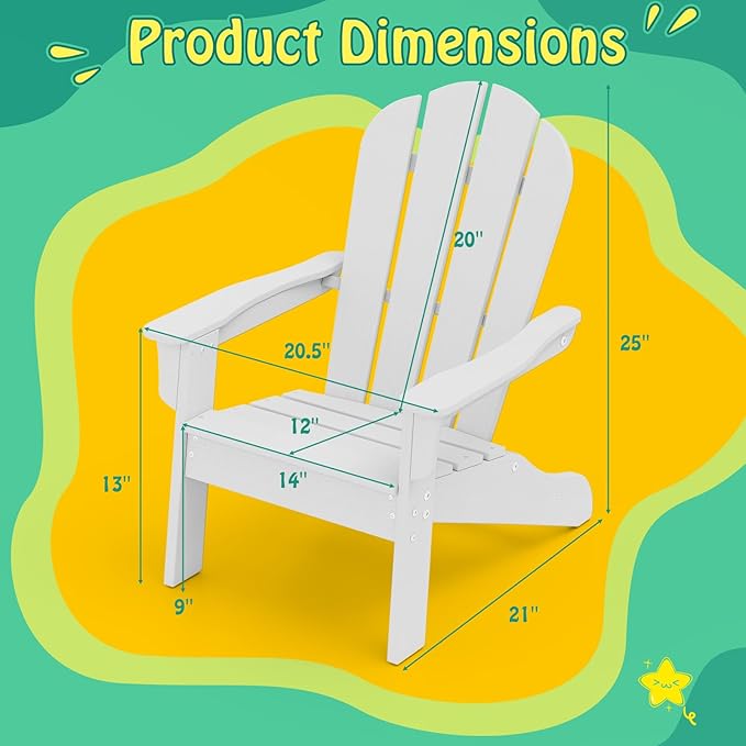 Giantex HDPE Kids Adirondack Chair - All-Weather Lawn Toddler Chair with Ergonomic Design, Children’s Outdoor Chair for Toddlers Ages 3-8, Kid’s Patio Furniture for Deck, Garden (1, White)