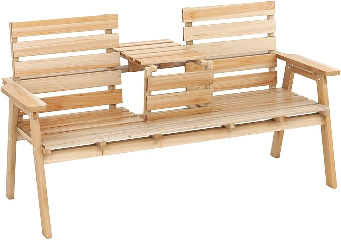 Tangkula Outdoor Fir Wood Bench with Foldable Middle Table, 2-3 Person Garden Bench with Backrest and Armrests - Photo 9