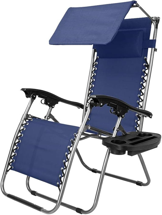 VINGLI Upgraded Zero Gravity Chair Lounge Outdoor Chairs with Folding Canopy Shade，Trays, Folding Patio Recliner Chairs for Backyard Poolside Garden (Blue)
