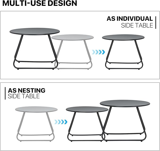 MoNiBloom Black Outdoor Patio Nesting Side Tables Set of 2, Weather Resistant 24" Round Steel Coffee Tables for Garden Balcony Porch Backyard Lawn Deck Yard Poolside Outside