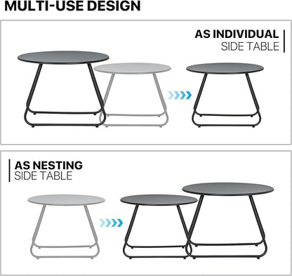 MoNiBloom Black Outdoor Patio Nesting Side Tables Set of 2, Weather Resistant 24" Round Steel Coffee Tables for Garden Balcony Porch Backyard Lawn Deck Yard Poolside Outside