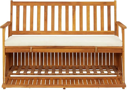 Solid Acacia Wood Storage Bench with Polyester Cushion, Rustic Natural Finish for Hallway Garden Patio Entryway, Durable Indoor Outdoor Furniture, Comfortable Seating