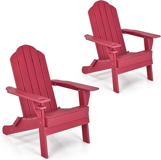 Giantex 2-Pack Adirondack Chair, Outdoor Folding Chairs, HDPE Weather Resistant Patio Chair with Built-in Cup Holder, Lawn Chair for Yard, Balcony, Deck, Outside, Campfire, Plastic Fire Pit Chair