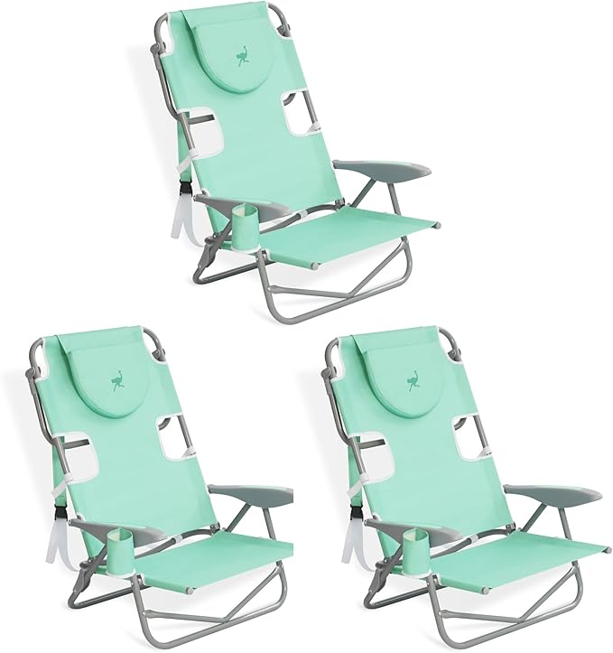 Ostrich 3 Pack On Your Back Backpack Beach Chair w/Face Hole - Adjustable, Portable Lounge Chair w/Cup Holder, Face Opening - Heavy Duty, Lay Flat Tanning Chair for Face Down Reading For Adults (Teal)