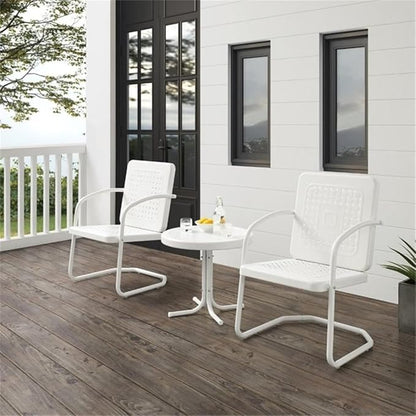 Pemberly Row 3 Piece Metal Outdoor Chair Set, Steel Construction, White Gloss Finish, Retro Patio Furniture with Basket Weave Design, Weatherproof for Small Spaces, Porch, Balcony or Patio Use
