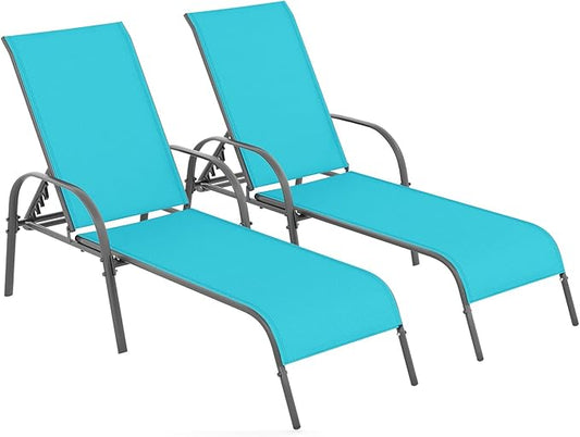 COSTWAY Outdoor Lounge Chairs Set of 2, Patio Chaise Lounge Recliner with Heavy Duty Steel Frame, 5-Position Adjustable Backrest for Deck, Beach, Pool (2, Turquoise)