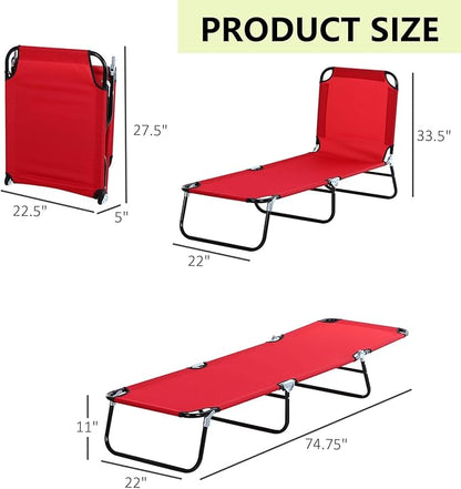 Folding Chaise Lounge Pool Chairs, Outdoor Sun Tanning Chairs with 5-Level Reclining Back, Steel Frame for Beach, Yard, Patio(Red)