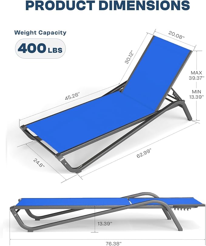 Lounge Chair Set of 2, Aluminum Chaise Lounge Outdoor, Lightweight Lounge Chairs for Outside with 5 Adjustable Backrest, Pool Lounger for Poolside, Beach, Balcony, Deck (Royal Blue)