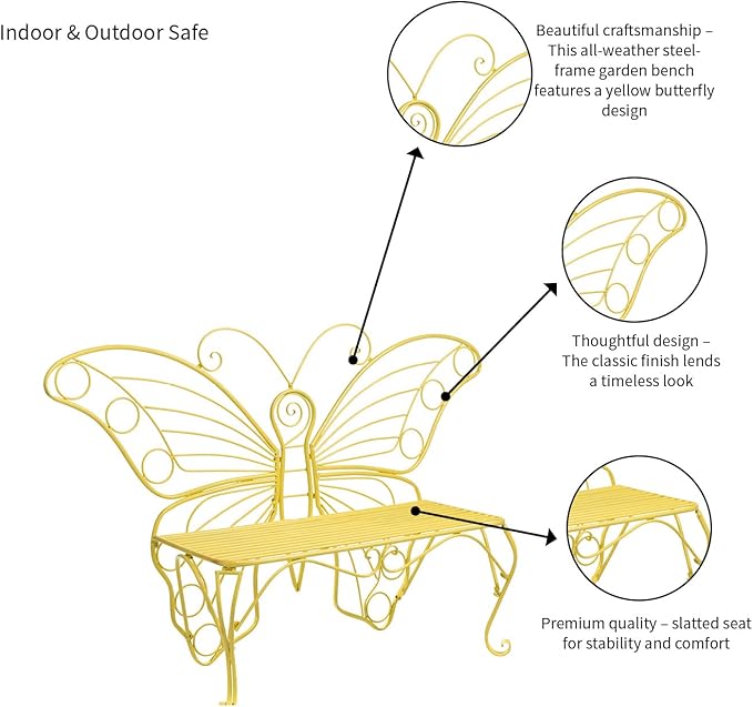 Plow & Hearth Weatherproof Butterfly Outdoor Bench | Holds Up to 300 lbs | Garden Patio Porch Park Deck | Metal | Yellow