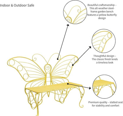 Plow & Hearth Weatherproof Butterfly Outdoor Bench | Holds Up to 300 lbs | Garden Patio Porch Park Deck | Metal | Yellow