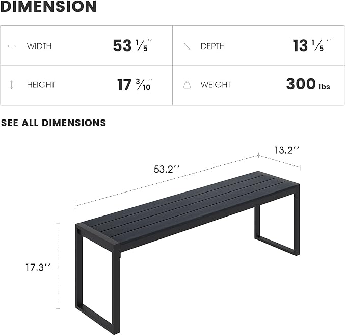 Outdoor Patio Backless Bench for 2-3 People, 53.2" All-Weather Long Metal Garden Bench Seat for Backyard, Porch,Lawn, Black