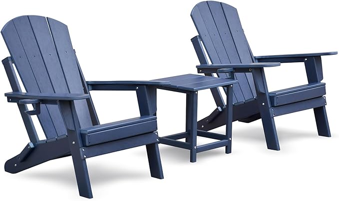 Skypatio 3 Pieces Folding Adirondack Chairs Set, Weather Resistant Adirondack Chairs Set of 2 with Cup Holder, 1 Side Table, 380 lbs Weight Capacity Portable Patio Fire Pit Chairs (Navy Blue)
