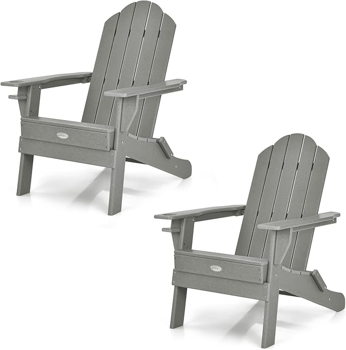 Tangkula Outdoor Folding Adirondack Chair, HDPE Armchairs with Cup Holder, Weather Resistant Lounger Chair for Patio Garden Fire Pit Backyard, Lawn Porch Seating, Adirondack Lounger (2, Grey)