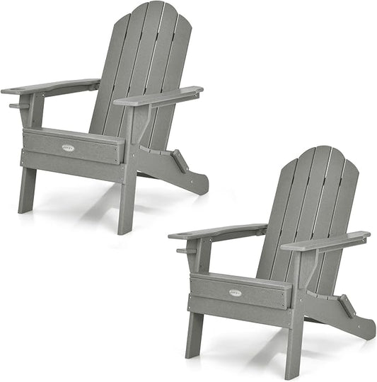 Tangkula Outdoor Folding Adirondack Chair, HDPE Armchairs with Cup Holder, Weather Resistant Lounger Chair for Patio Garden Fire Pit Backyard, Lawn Porch Seating, Adirondack Lounger (2, Grey)