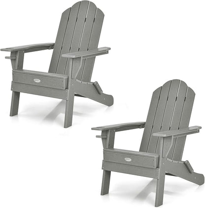 Tangkula Outdoor Folding Adirondack Chair, HDPE Armchairs with Cup Holder, Weather Resistant Lounger Chair for Patio Garden Fire Pit Backyard, Lawn Porch Seating, Adirondack Lounger (1, Grey)