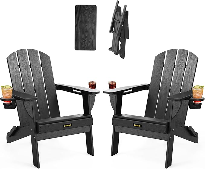 Folding Adirondack Chair Set of 2, Wooden Textured Plastic Adirondack Chairs with 2 Cup Holder, Weather Resistant HDPE Fire Pit Chair, Outdoor Patio Chairs for Garden, Backyard, Lawn, Deck, Black