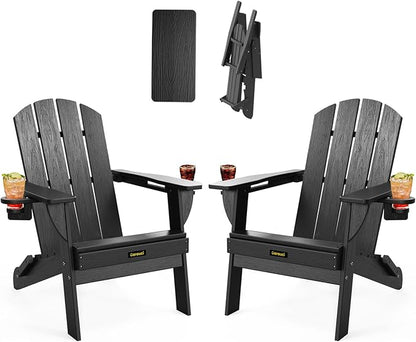 Folding Adirondack Chair Set of 2, Wooden Textured Plastic Adirondack Chairs with 2 Cup Holder, Weather Resistant HDPE Fire Pit Chair, Outdoor Patio Chairs for Garden, Backyard, Lawn, Deck, Black