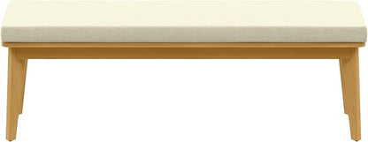 Backless Patio Bench, Acacia Wood Dining Bench with Cushion for Outdoor Porch, Backyard, Garden, Lawn, Beige
