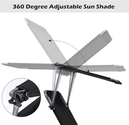 Giantex Tanning Chair, Patio Chaise Lounge Chair with 5 Adjustable Position, Shade Canopy, Storage Pocket, Camping Cot, Outdoor Sunbathing Recliner for Poolside, Lawn Folding Beach Chairs(2, Black)