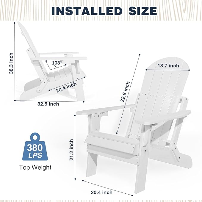 Folding Adirondack Chair, All Weather Resistant Plastic Chair with Cup Holder, Fold or Unfold Easily in 1 Second, Outdoor Chairs for Patio, Garden, Backyard Deck, Lawn Fire Pit(White)