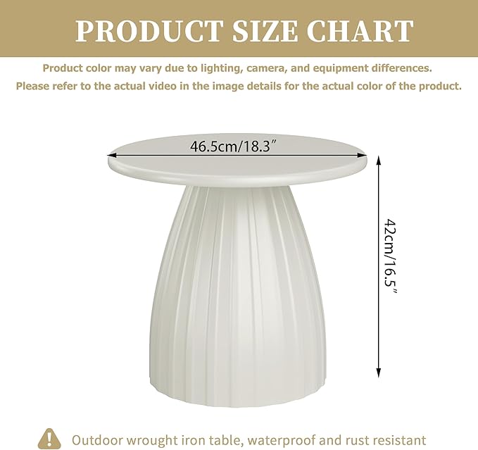 Round Small Patio Side Table, Patio Furniture Accent End Table, Metal Steel Outdoor Side Table, for Garden, Pool, Yard, Balcony, Living Room, Deck, Weather Resistant, No Assembly, Beige White