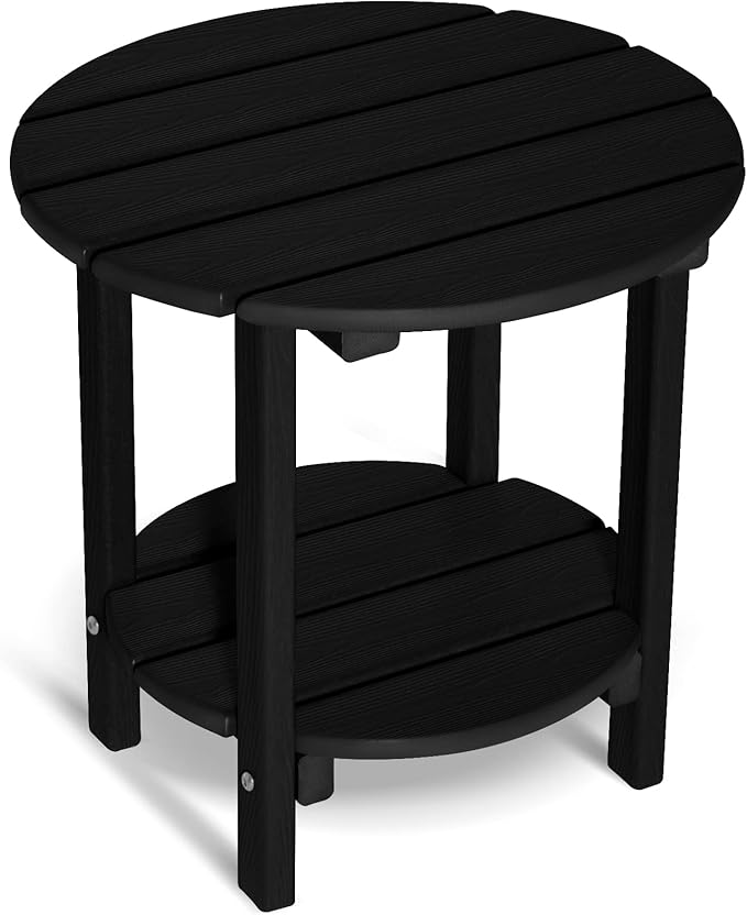 2 Tier Round Outdoor Side Table with Wood-Like Grain, 17.7" HDPE Adirondack Table Patio Side Table, Weather Resistant End Table for Pool, Patio & Porch, Small Outdoor Table(Black, Round)