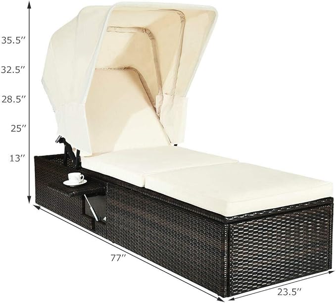 Tangkula Outdoor Chaise Lounge Chair with Folding Canopy, Adjustable Cushioned Reclining Chair with Flip-up Tea Table, Rattan Sun Lounger for Beach Poolside Backyard Balcony Porch