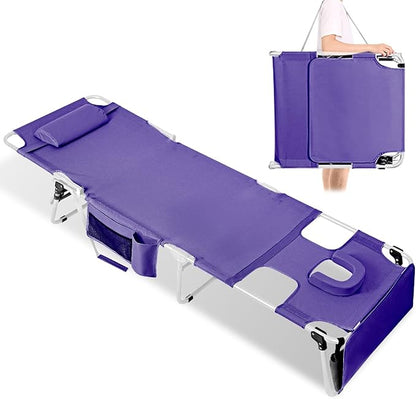 Tanning Chair with Face Hole, Adjustable Folding Chaise Lounge Chairs for Outside with Detachable Pillow & Pocket，Portable flat beach chairs for sunbathing, beach lawns camping (Purple, Oversized)