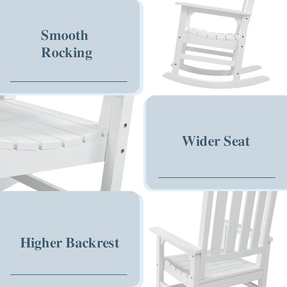 Psilvam Oversized Outdoor Rocking Chair Set of 2, Porch Rocker with 21" Wide Seat and 32" Tall Backrest, Pre-Assembled with Most Components for Effortless Installation (White)