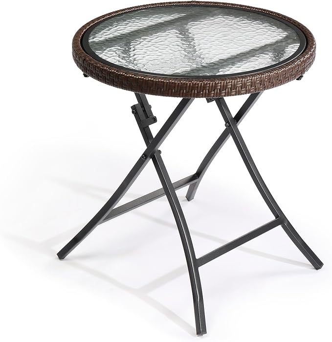 Outdoor Side Table, Round Rattan Patio Side Table, Small Foldable Wicker Table with Tempered Glass Table Top for Lawn Garden Balcony Porch Deck Pool