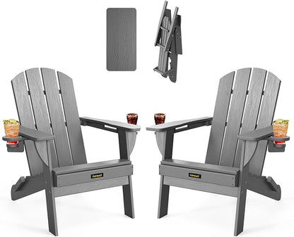 Folding Adirondack Chair Set of 2, Wooden Textured Plastic Adirondack Chairs with 2 Cup Holder, Weather Resistant HDPE Fire Pit Chair, Outdoor Patio Chairs for Garden, Backyard, Lawn, Deck, Grey