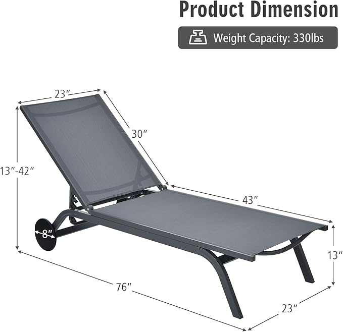 Giantex Patio Chaise Lounges Aluminum Recliner W/Adjustable 6 Backrest Positions and Wheels for Patio Beach Poolside - Photo 3