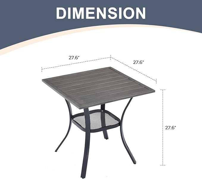 VICLLAX Patio Dining Table, Square Table Metal Outdoor Bistro Table with Rack for Balcony Garden Deck, 28inch Grey - Photo 3