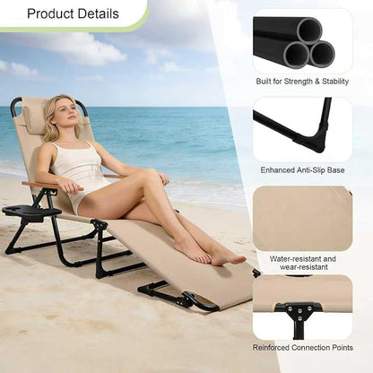 Folding Lounge Chairs for Outside, Beach Patio Lounge Chair, Sunbathing/Tanning Chair with 4 Adjustable Backrest & Cup & Pillow,Holds 330 Lb, Outdoor Garden Pool (Beige)