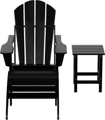 WestinTrends Malibu Outdoor Lounge Chairs, 3-Pieces Adirondack Chair Set with Ottoman and Side Table, All Weather Poly Lumber Patio Lawn Folding Chair for Outside Pool Garden Backyard, Black
