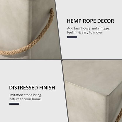 HOMPUS Outdoor Side Table w Hemp Rope Handle, Patio MgO Concrete Natural End Table, Square Accent Small Coffee Table for Garden, Patio, Porch and Deck, Light Grey