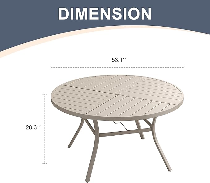 VICLLAX 53" Round Patio Dining Table for 6-8, All Weather Metal Outdoor Table with 1.57" Umbrella Hole and Surdy Frame for Garden Lawn Deck, Dark Grey