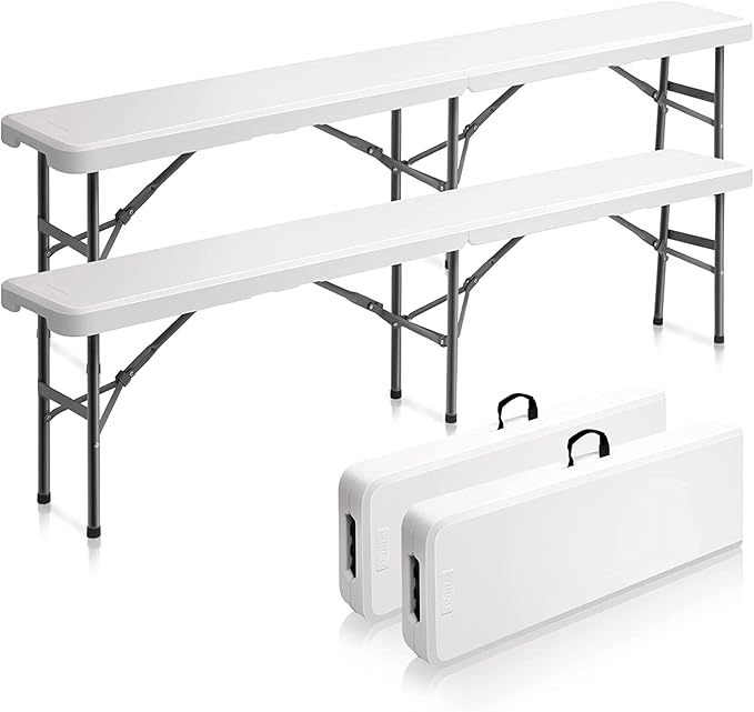 Outvita 2 Pack 6ft Folding Portable Bench, Waterproof Foldable Plastic Bench Seat, Light-Weight Seat for Indoor, Outdoor, Picnic, Party, Camping, White
