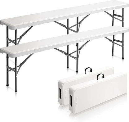 Outvita 2 Pack 6ft Folding Portable Bench, Waterproof Foldable Plastic Bench Seat, Light-Weight Seat for Indoor, Outdoor, Picnic, Party, Camping, White