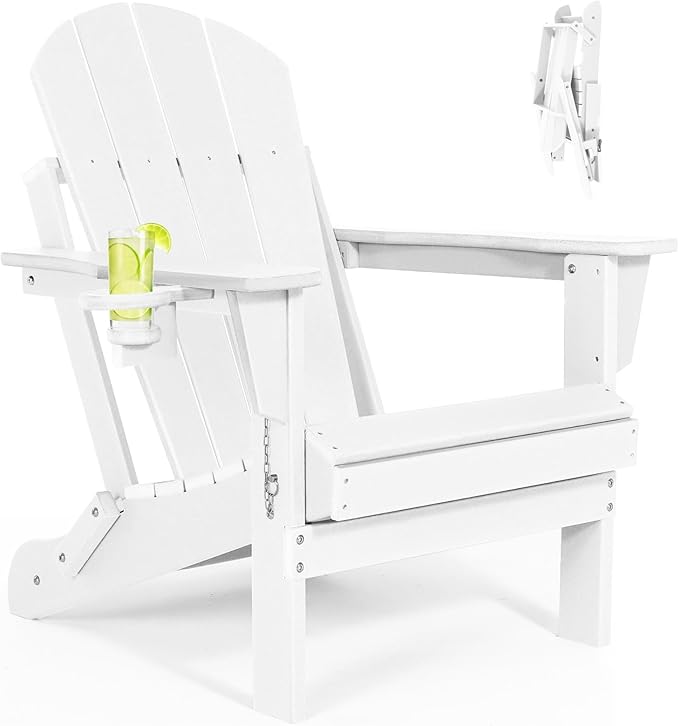 Folding Adirondack Chairs - Plastic Adirondack Chairs with Cup Holder, Weather Resistant for Outdoor, Patio, Lawn, Garden, Backyard Deck, Fire Pit - White