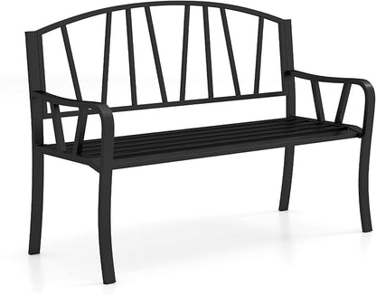 Tangkula 51” Metal Outdoor Garden Bench, Patio Slatted Park Bench for 2-3 People, Park-Style Loveseat with Curved Armrests, Heavy-Duty Outdoor Seating for Backyard, Lawn, Porch
