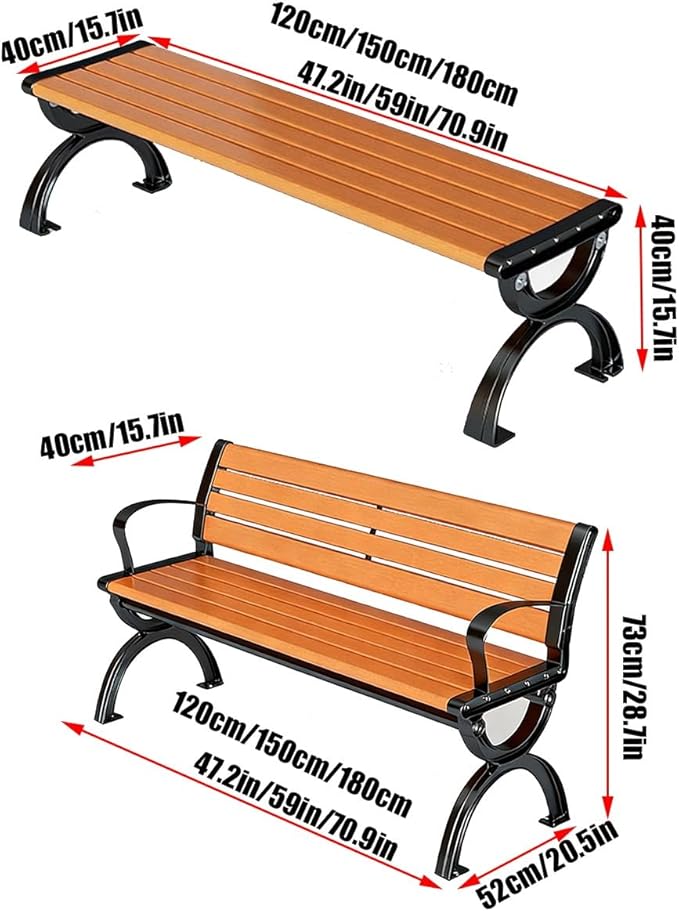 Outdoor Bench, 47" 59" 71" Metal Solid Wood Garden Bench for Outdoor, Weatherproof Park Benches with Backrest and Armrests, Patio Benches for Yard, Front Porch(Orange,150cm/59)