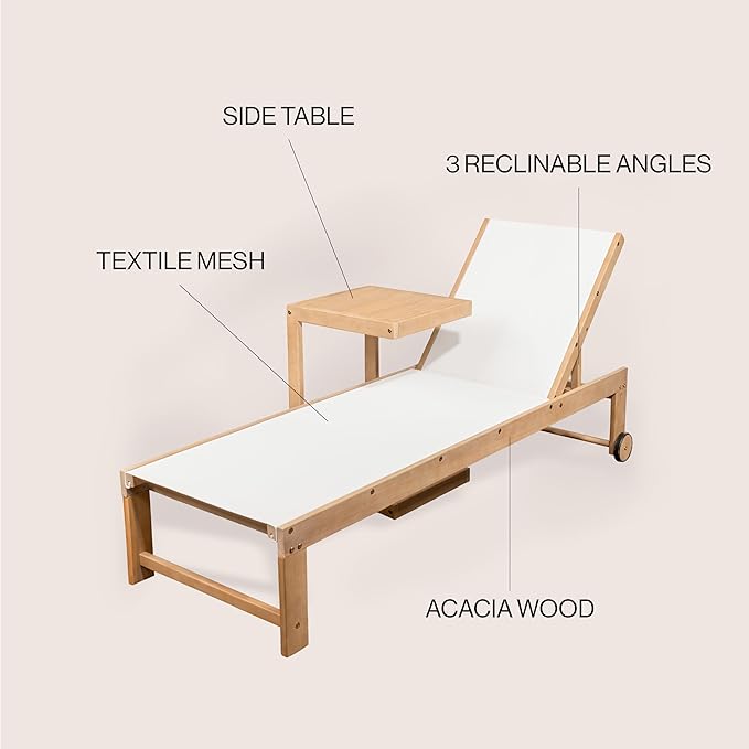 JONATHAN Y LNG1100C-2SET Trabuco Coastal Modern Acacia Wood Mesh 3-Position Outdoor Chaise Lounge Set with Side Table Transitional, Classic, Minimalist, Traditional, Contemporary, White/Light Teak