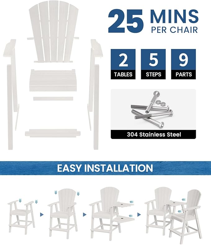 Ciokea Tall Adirondack Chairs Set of 4, HDPE Outdoor Adirondack Bar Stools with Double Connecting Tray - Photo 5