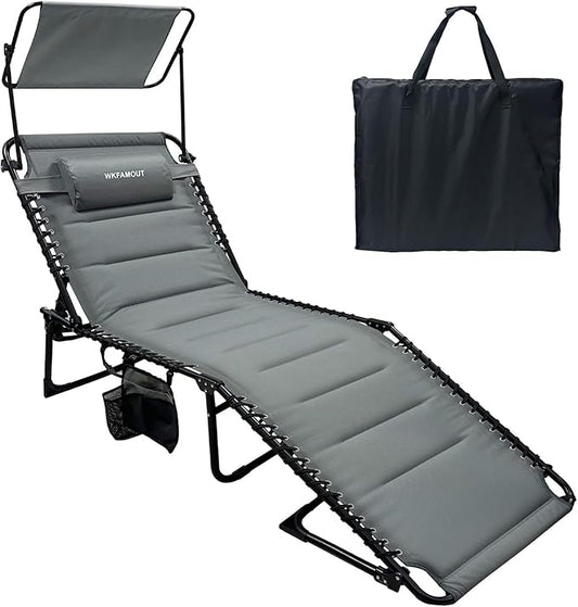 Outdoor Folding Lounge Chair with Removable Canopy & Pillow, Padded Reclining Chaise Lounge Chair 5-Position Heavy Duty Beach Chair for Patio, Beach, Pool, Camping