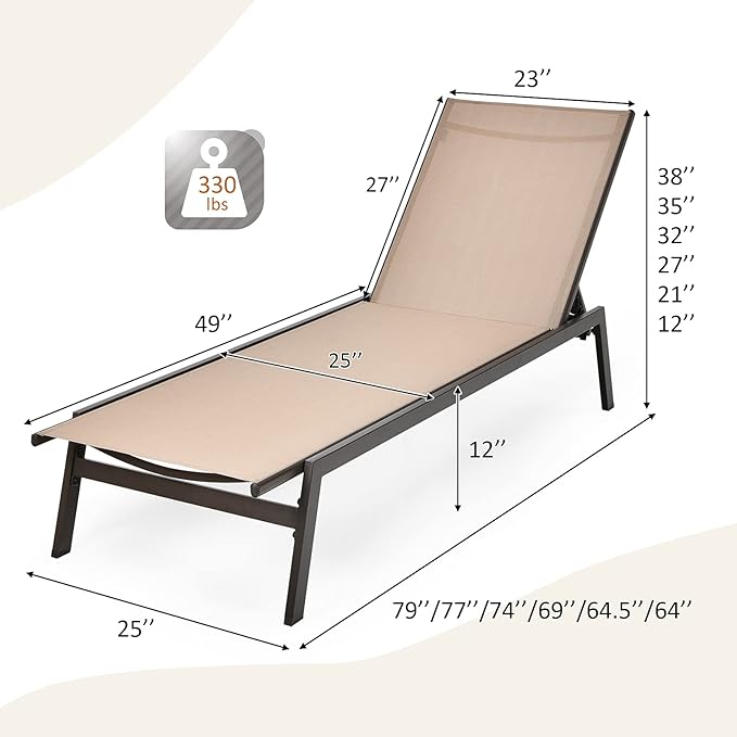 COSTWAY Patio Lounge Chair Outdoor, 6-Position Backrest Adjustable Pool Lounger, Metal Frame & Breathable Fabric - Photo 3