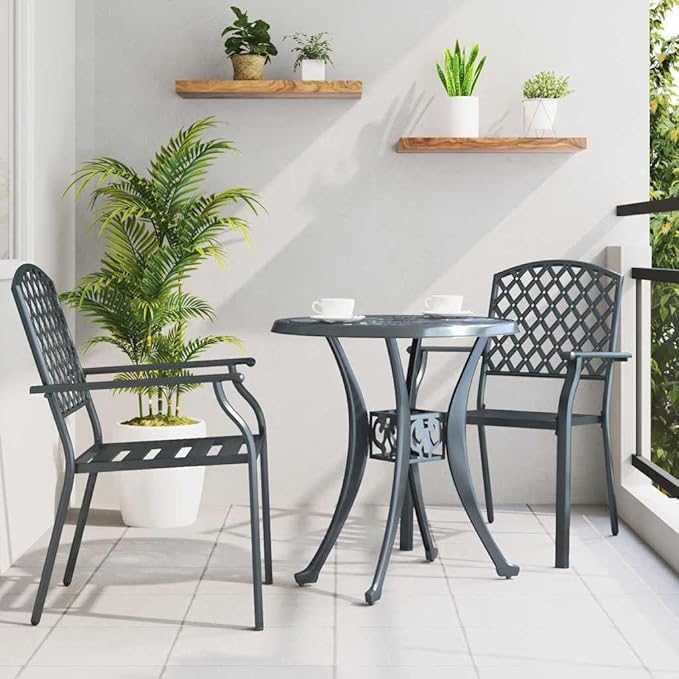 Stackable Garden Chairs 2 Pack, Steel Outdoor Patio with Armrests, Anthracite Modern Dining Chairs for Terrace, Balcony, Backyard, Heavy Duty 242 lb Capacity, Easy Assembly & Space Saving
