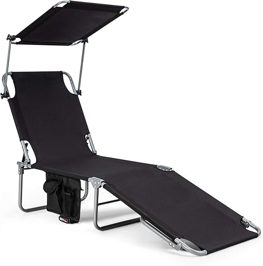 Giantex Tanning Chair, Patio Chaise Lounge Chair with 5 Adjustable Position, Shade Canopy, Storage Pocket, Camping Cot, Outdoor Sunbathing Recliner for Poolside, Lawn Folding Beach Chairs(1, Black)