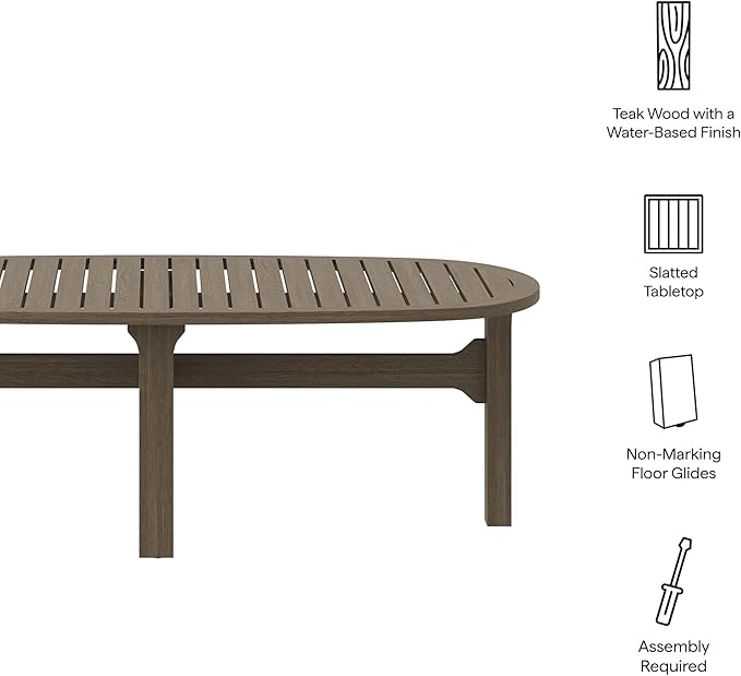 Modway Saratoga Teak Outdoor Oval Coffee Table in Weathered Gray – Low Wood Patio Coffee Table with Slatted Top and - Photo 4
