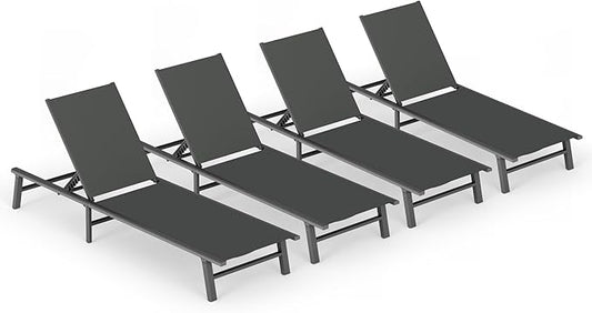 Ciokea Foldable Outdoor Lounge Chair Set of 4, No Assembly Aluminum Chaise Lounge Outdoor with 5-Positions, Aluminum Pool Lounge Chairs with Portable Design for Poolside, Beach, Deck, Patio, Grey